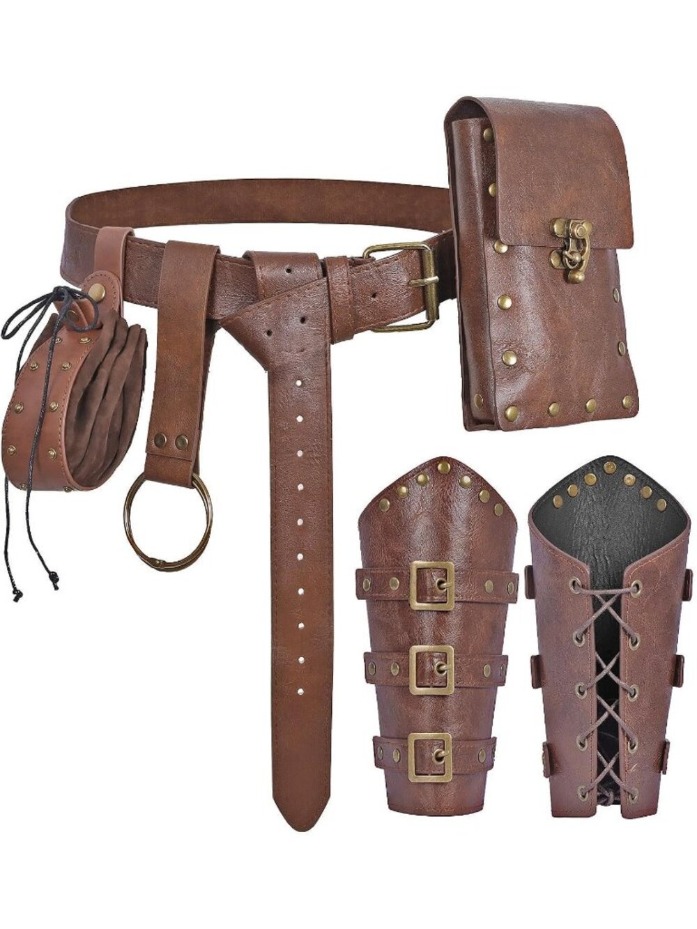 Renaissance Brown Belt Pouch Set Studded Bracers, Belt Pouch & Drawstring Bag